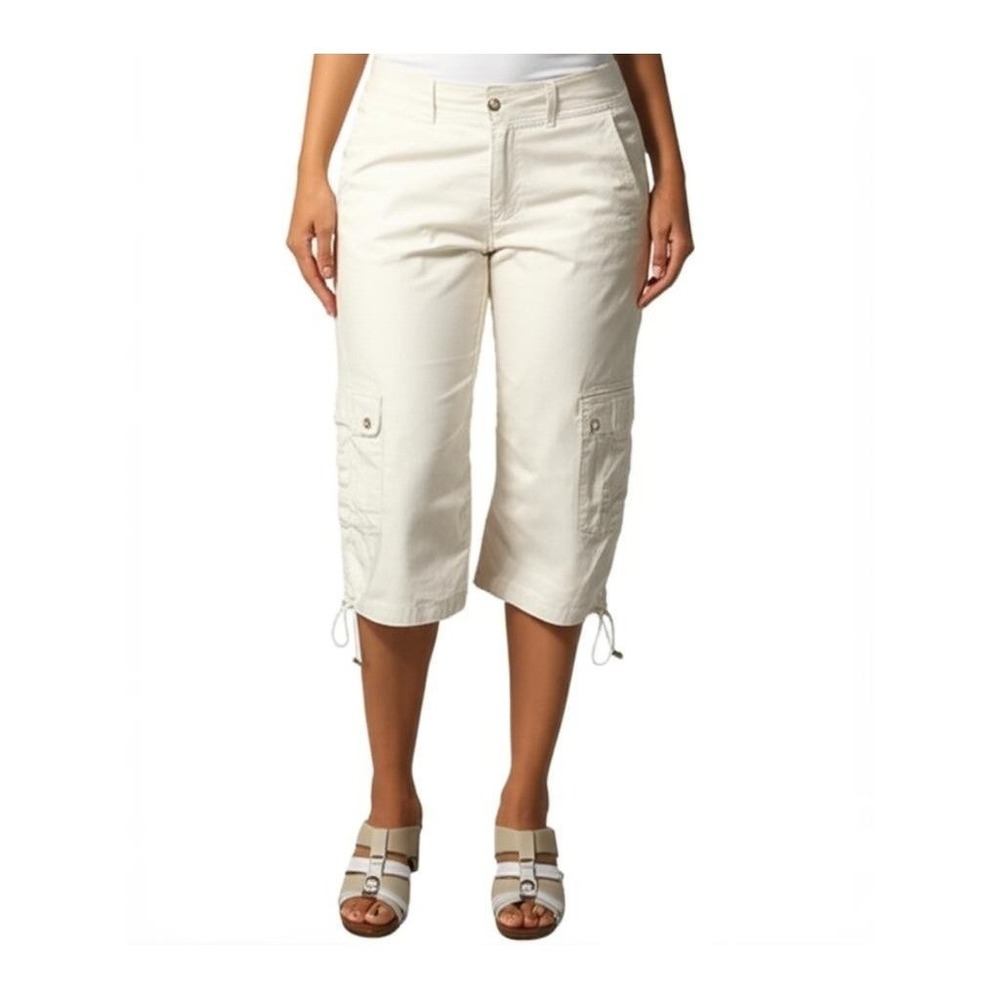 Larry Levine Cargo Capri Pants Size 6 Stretch Cropped Leg Drawstring Women White